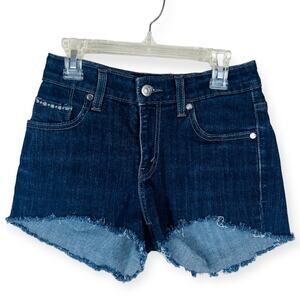LEVIS Blue Denim Cut Off Frayed Jean Shorts 26 Fitted Fringe Grunge